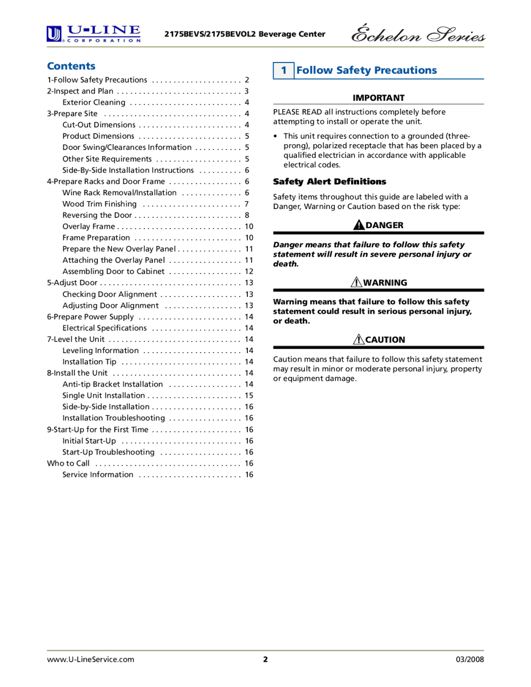 U-Line 2175BEVOL2 manual Contents, Follow Safety Precautions 