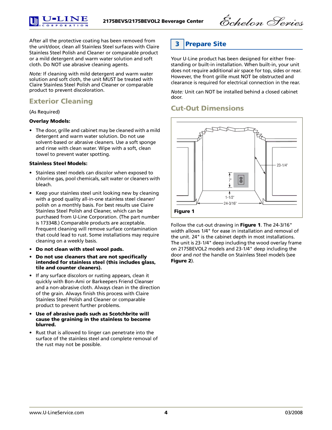 U-Line 2175BEVOL2 manual Exterior Cleaning, Cut-Out Dimensions, Prepare Site 