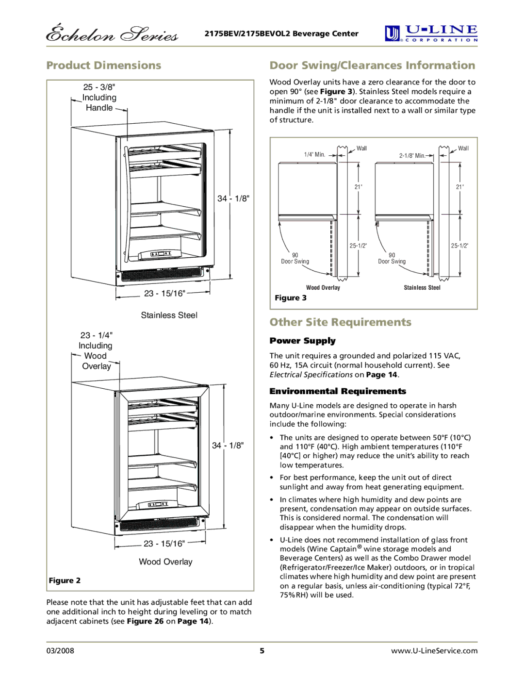 U-Line 2175BEVOL2 manual Product Dimensions Door Swing/Clearances Information, Other Site Requirements 