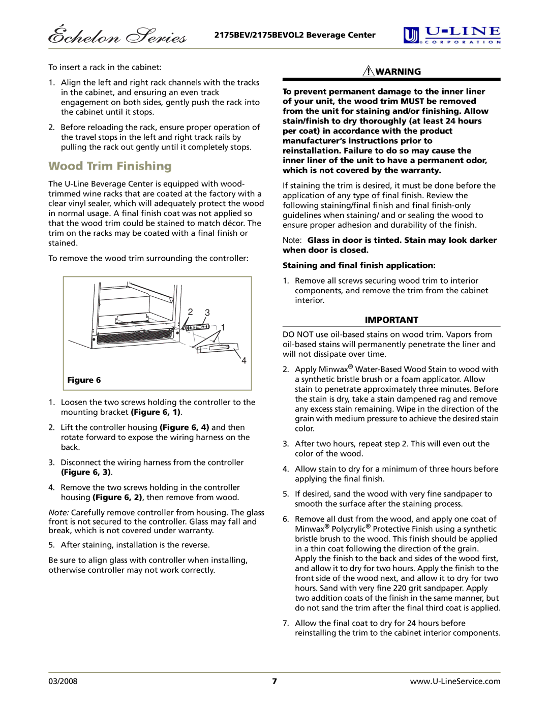 U-Line 2175BEVOL2 manual Wood Trim Finishing, Staining and final finish application 