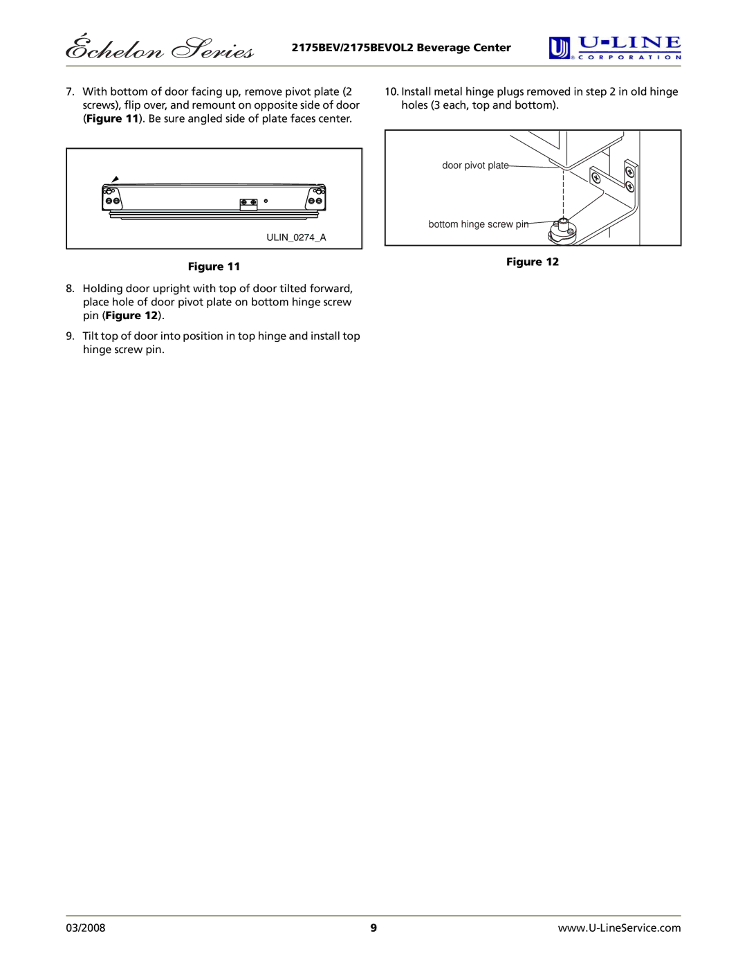 U-Line 2175BEVOL2 manual Door pivot plate Bottom hinge screw pin 