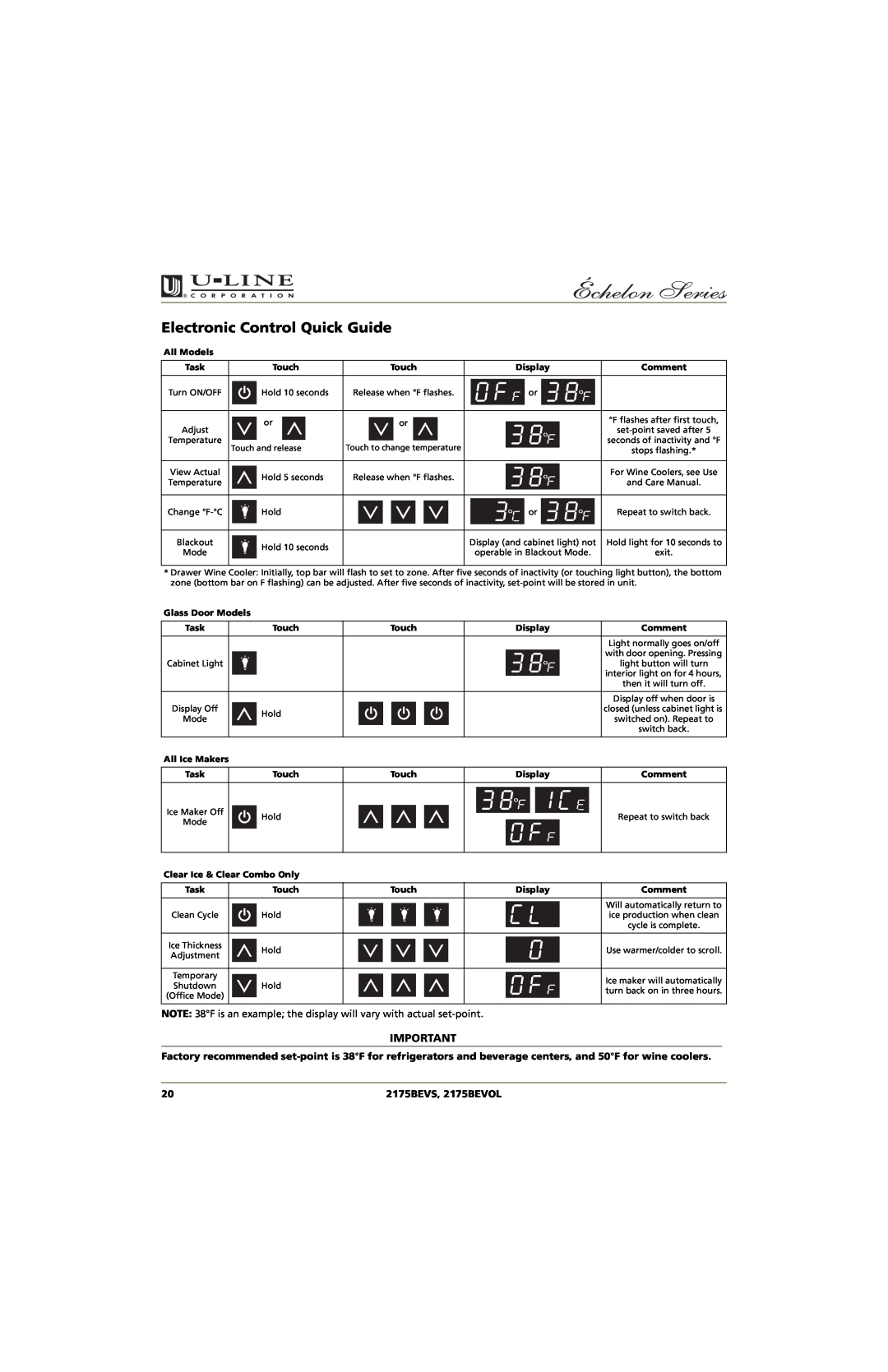 U-Line manual Electronic Control Quick Guide, 2175BEVS, 2175BEVOL 