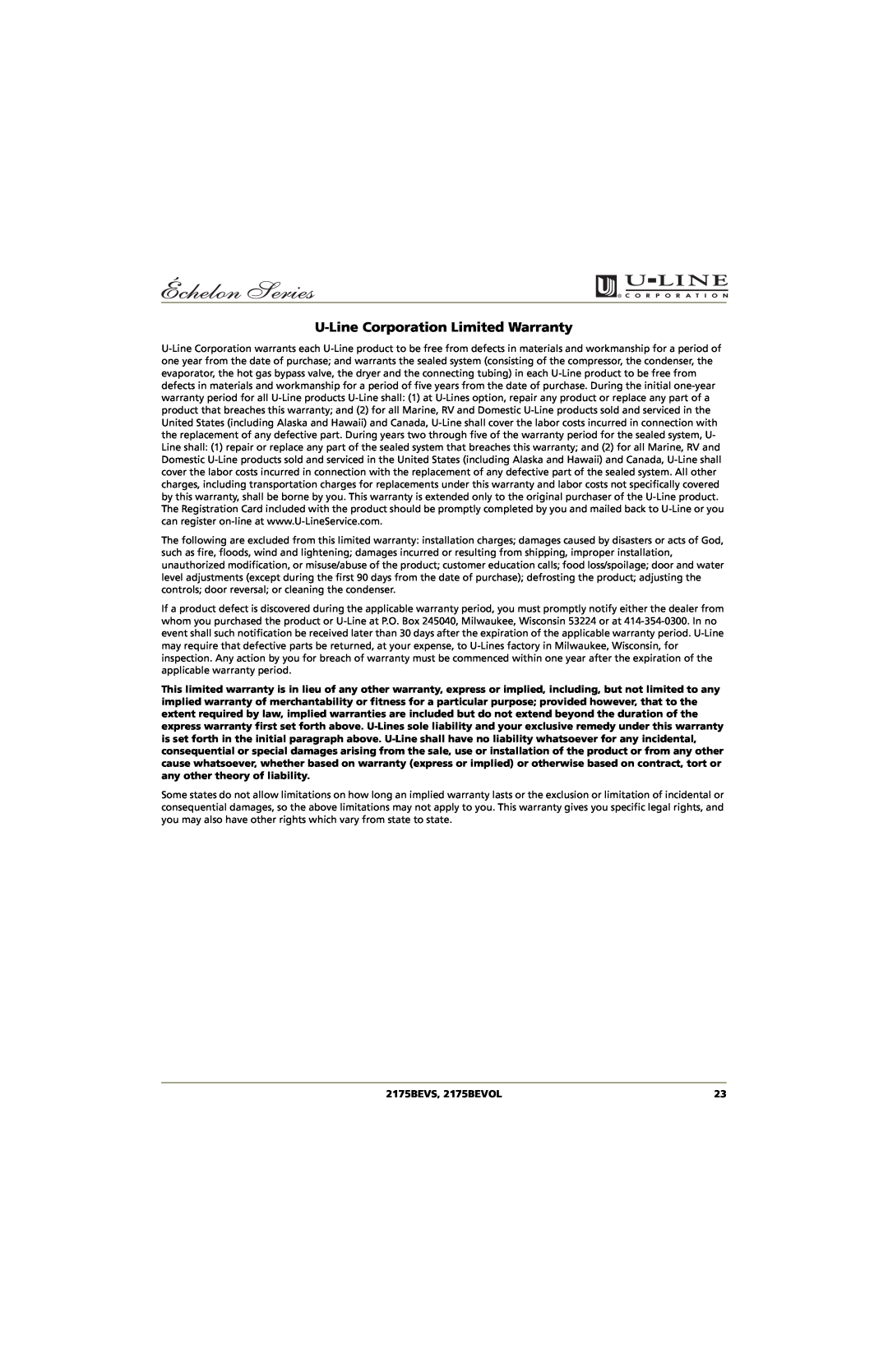 U-Line manual U-LineCorporation Limited Warranty, 2175BEVS, 2175BEVOL 