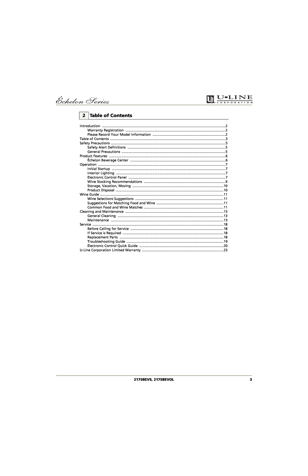 U-Line manual Table of Contents, 2175BEVS, 2175BEVOL 