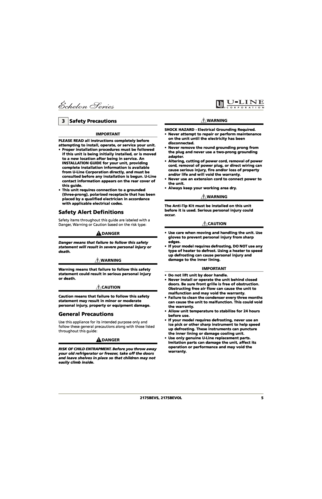 U-Line manual Safety Alert Definitions, General Precautions, Safety Precautions, Danger, 2175BEVS, 2175BEVOL 
