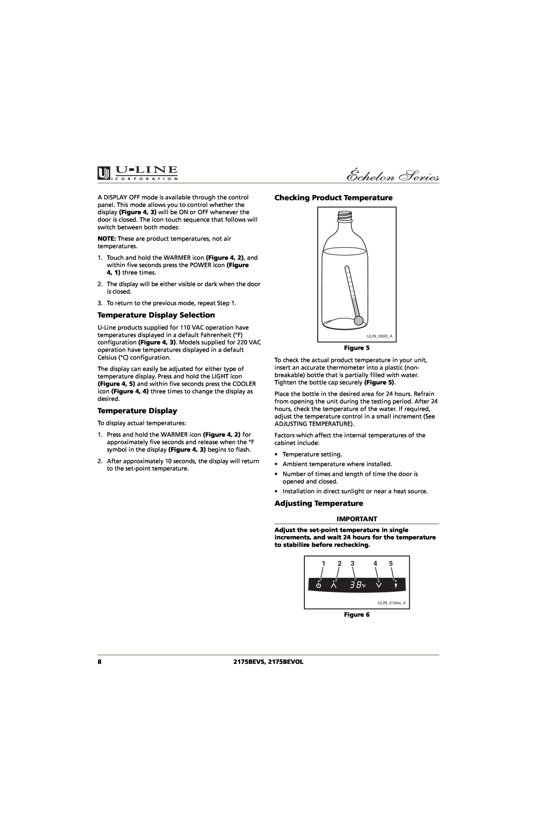 U-Line manual Temperature Display Selection, Checking Product Temperature, Adjusting Temperature, 2175BEVS, 2175BEVOL 