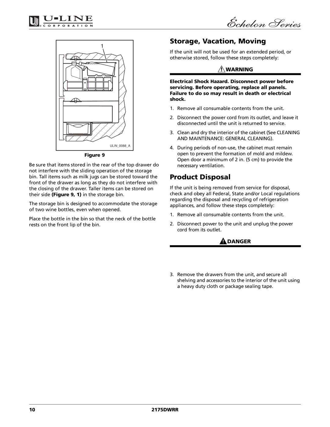 U-Line 2175DWRR manual Storage, Vacation, Moving, Product Disposal 