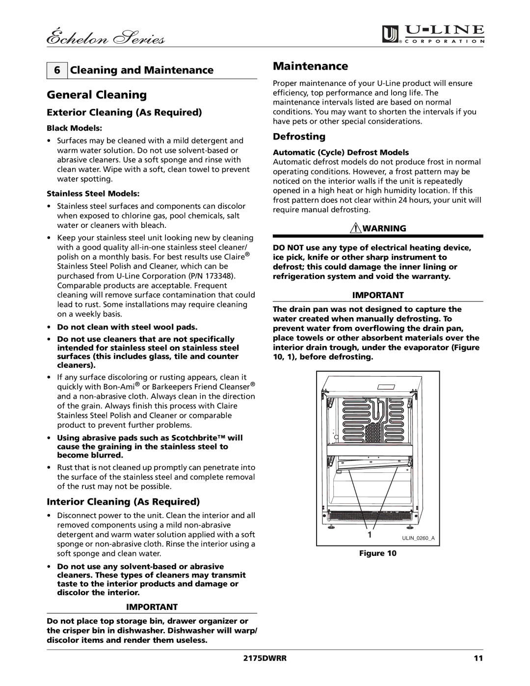 U-Line 2175DWRR manual General Cleaning, Cleaning and Maintenance 