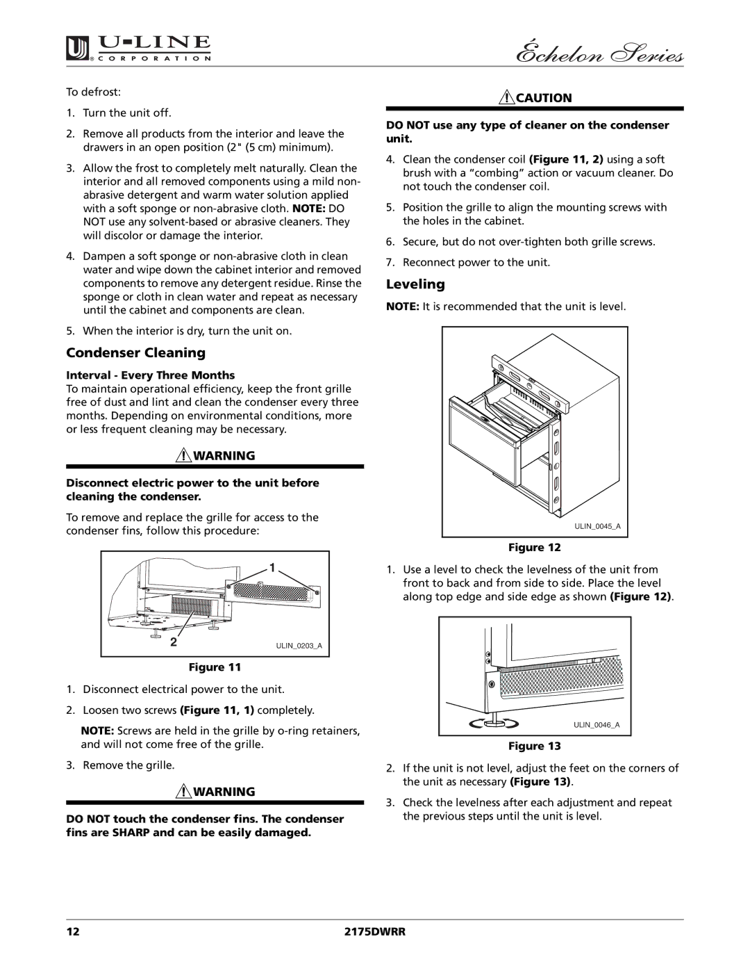 U-Line 2175DWRR manual Condenser Cleaning, Leveling 