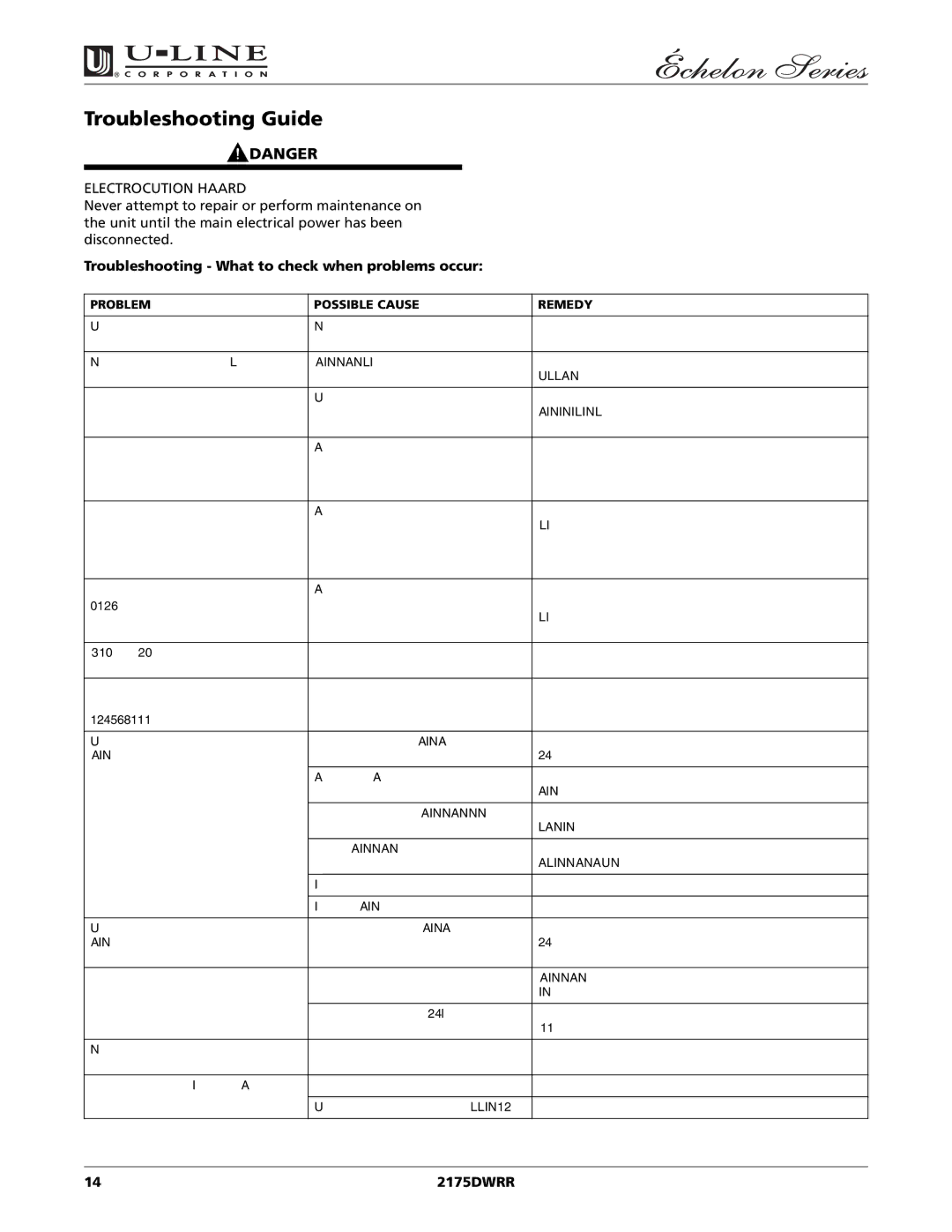 U-Line 2175DWRR manual Troubleshooting Guide, Electrocution Hazard 