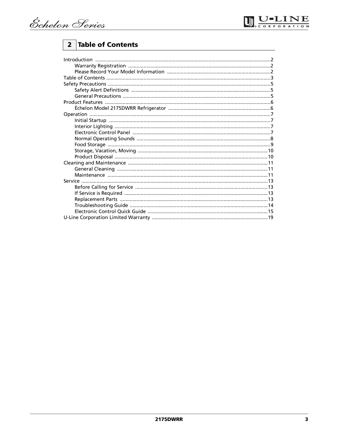 U-Line 2175DWRR manual Table of Contents 