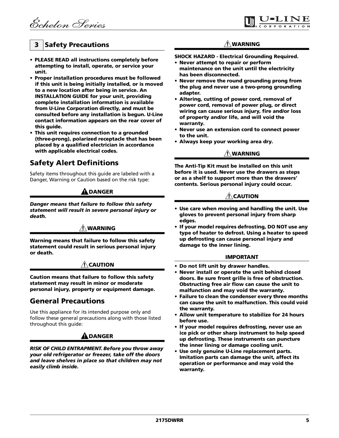 U-Line 2175DWRR manual Safety Alert Definitions, General Precautions, Safety Precautions 