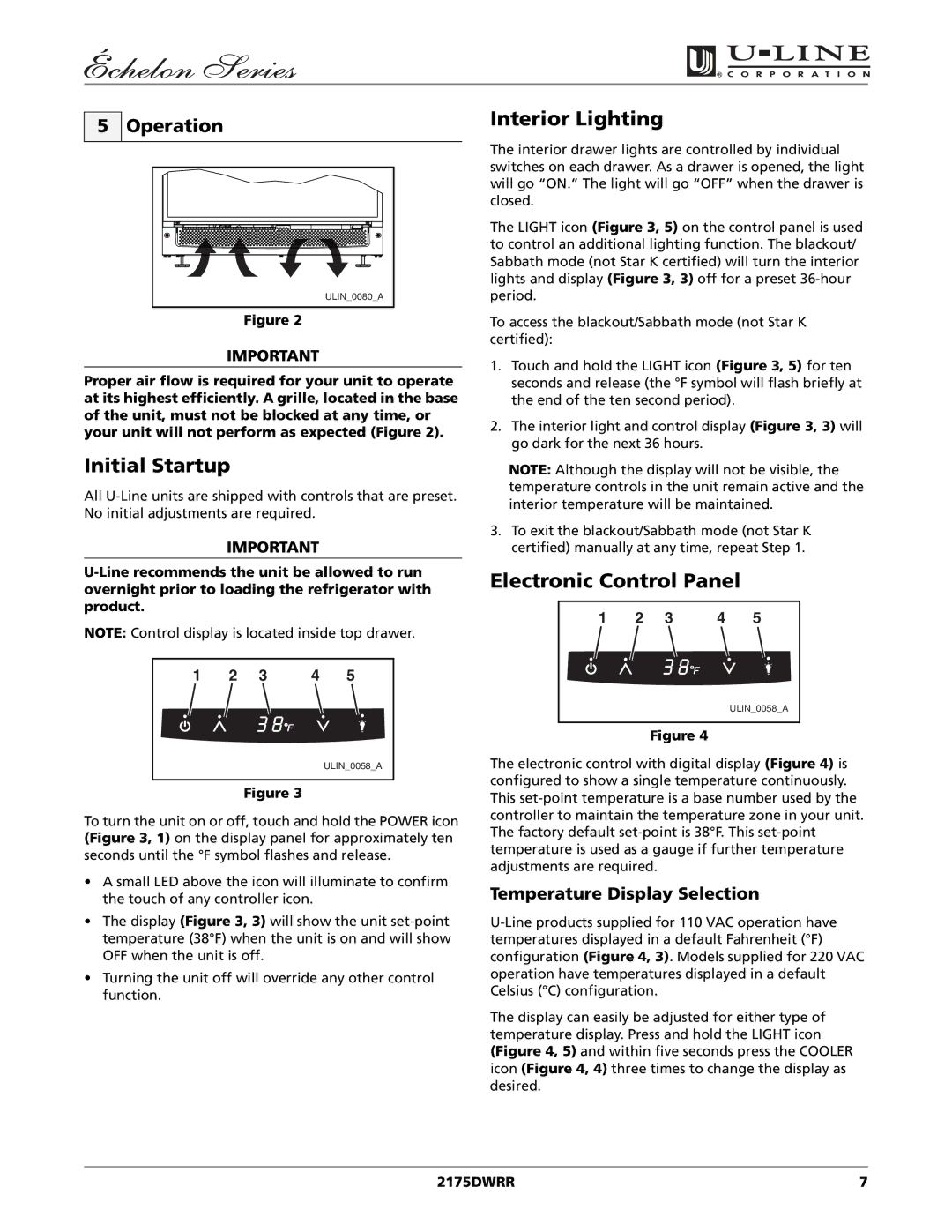 U-Line 2175DWRR Initial Startup, Interior Lighting, Electronic Control Panel, Operation, Temperature Display Selection 