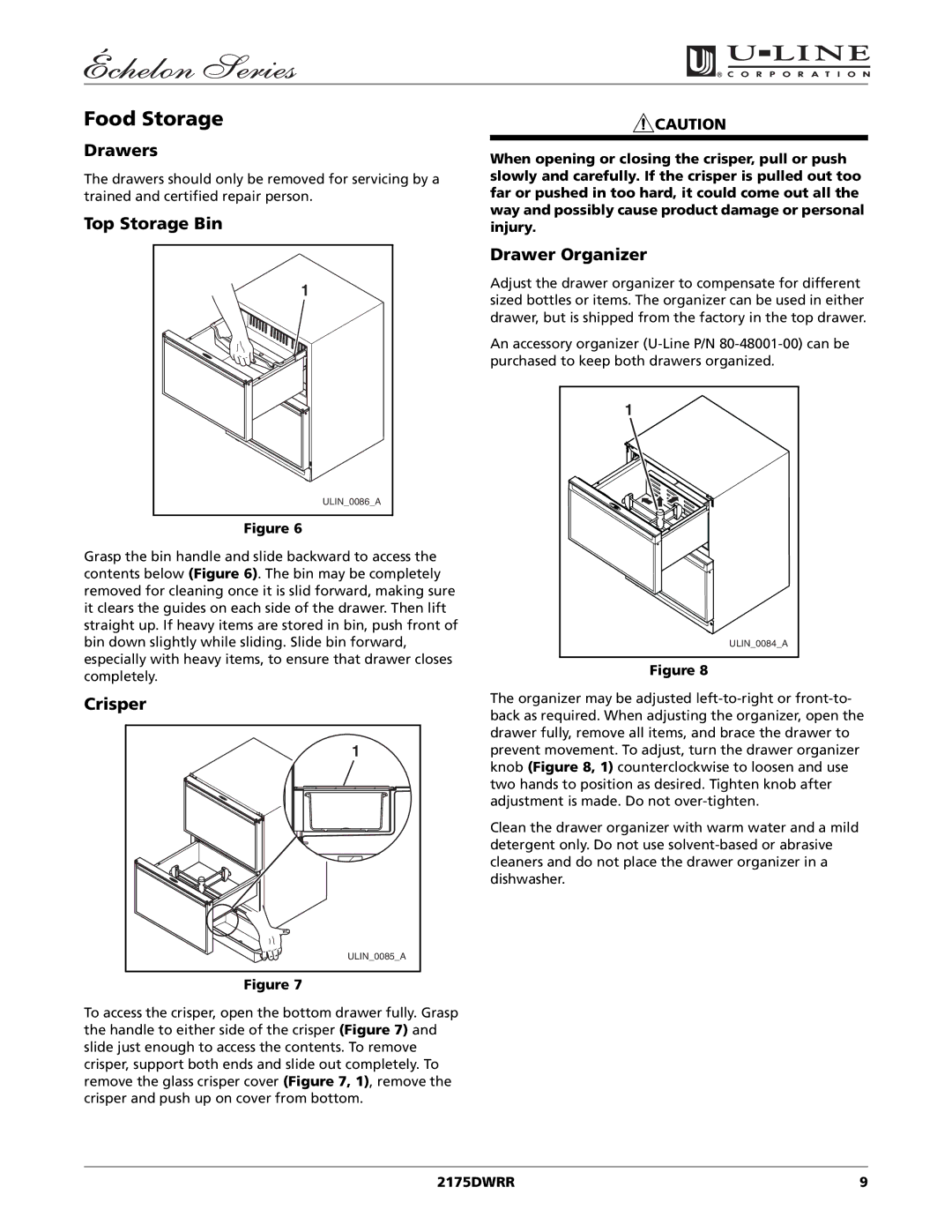 U-Line 2175DWRR manual Food Storage, Drawers, Top Storage Bin, Drawer Organizer 