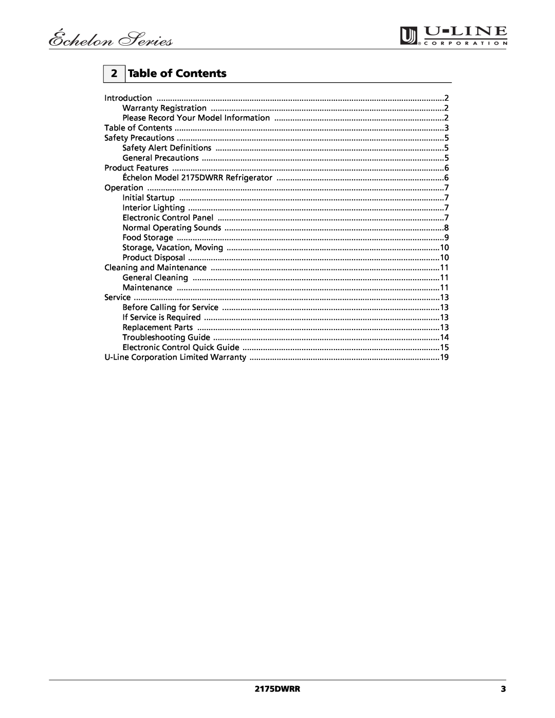 U-Line 2175DWRR manual Table of Contents 