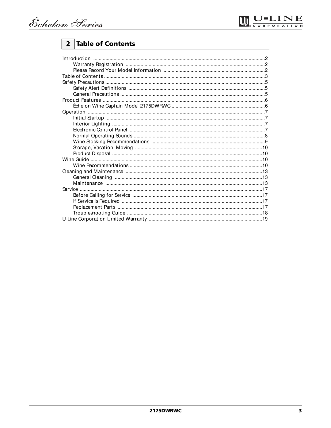 U-Line 2175DWRWC manual Table of Contents 