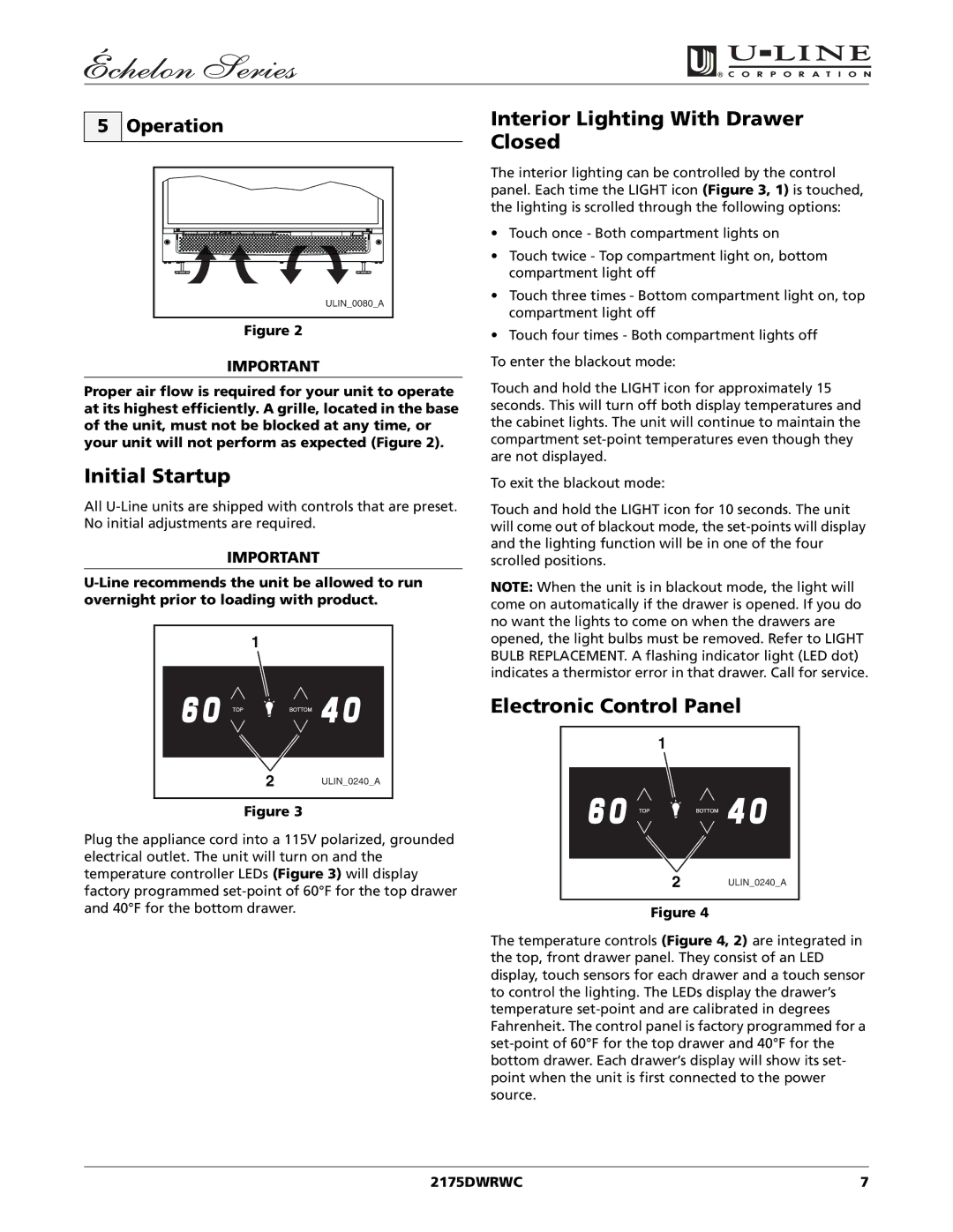 U-Line 2175DWRWC manual Initial Startup, Interior Lighting With Drawer Closed, Electronic Control Panel, Operation 