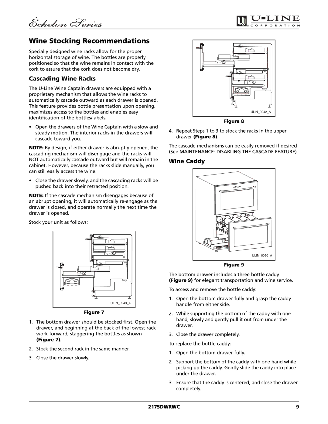 U-Line 2175DWRWC manual Wine Stocking Recommendations, Cascading Wine Racks, Wine Caddy 