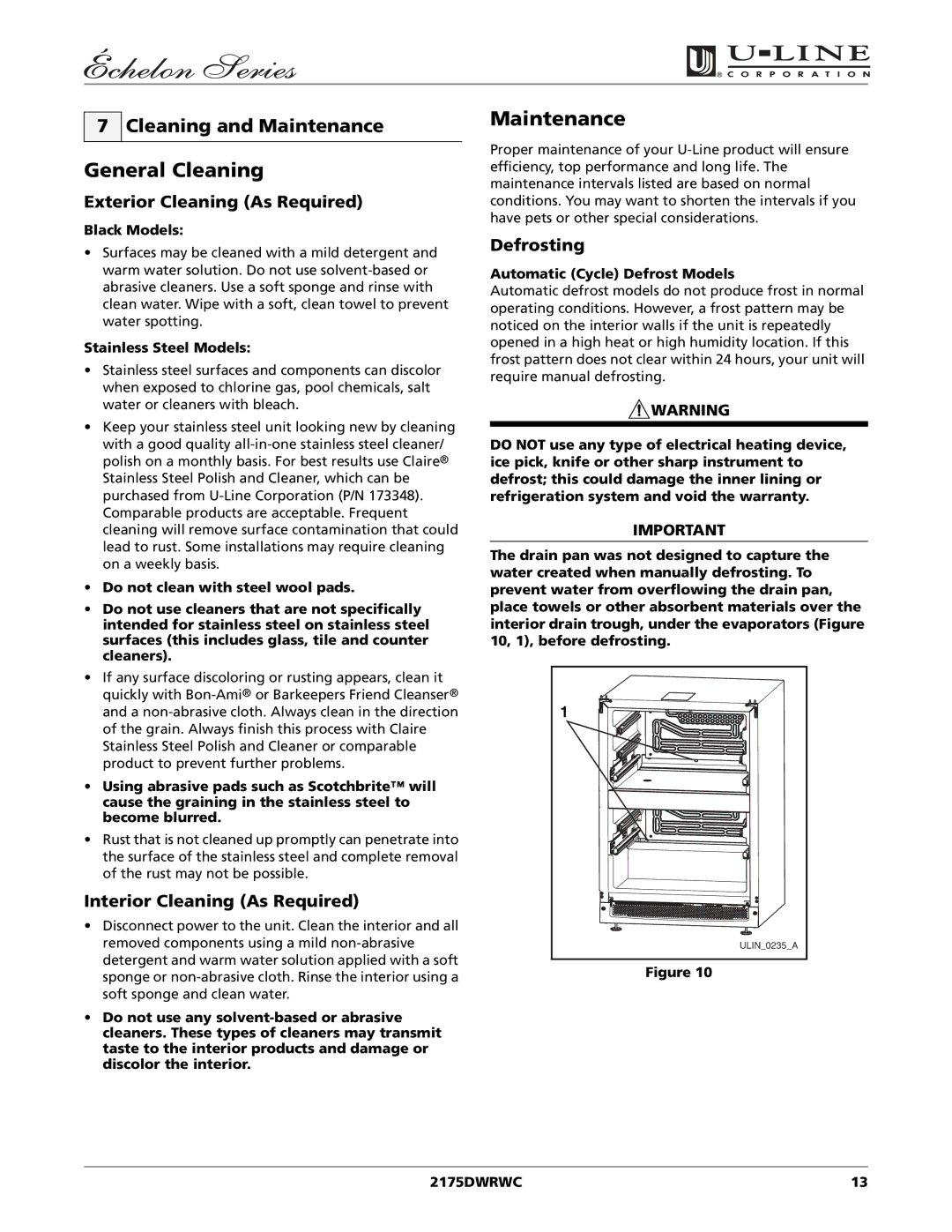 U-Line 2175DWRWC manual General Cleaning, Cleaning and Maintenance 