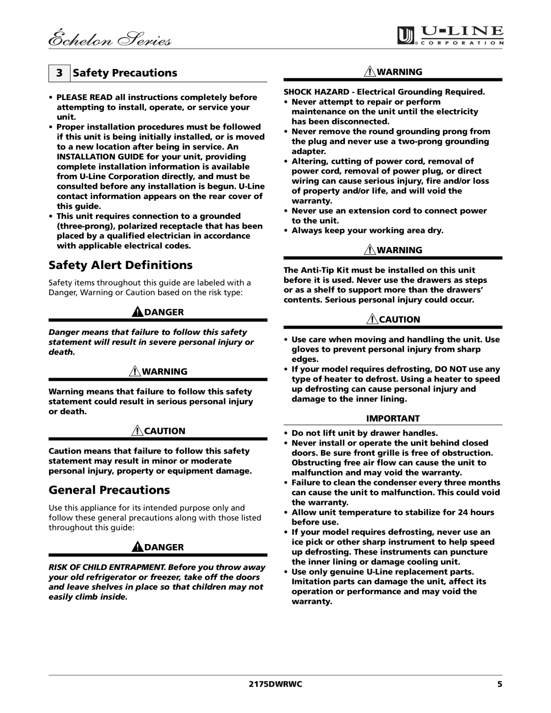 U-Line 2175DWRWC manual Safety Alert Definitions, General Precautions, Safety Precautions 