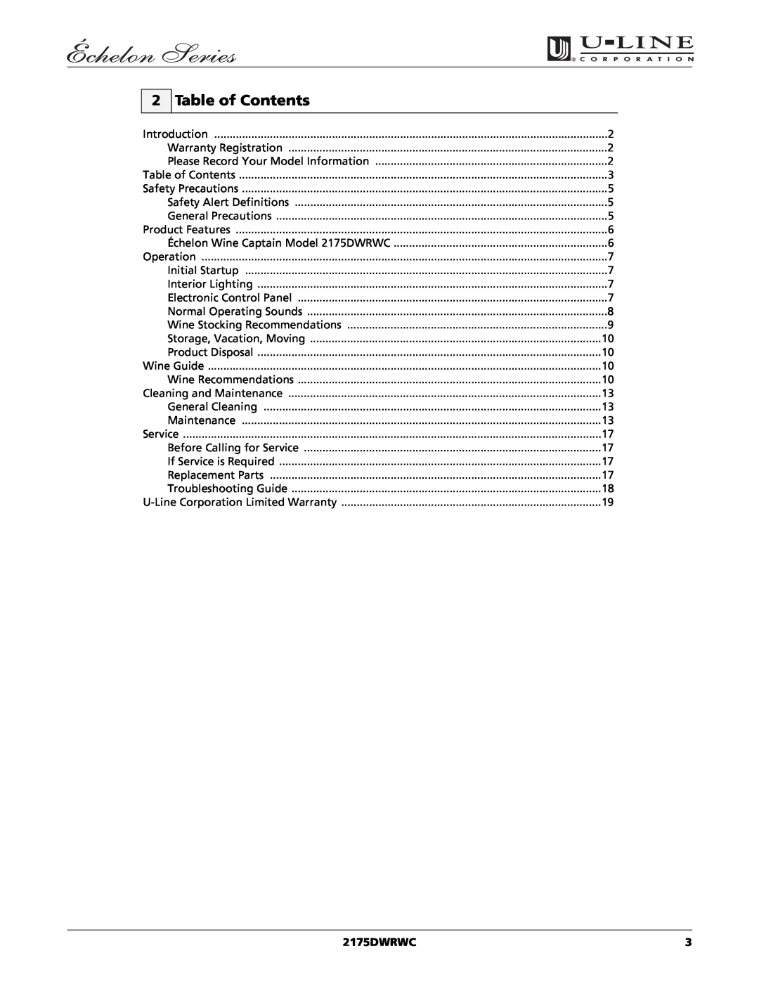 U-Line 2175DWRWC manual Table of Contents 