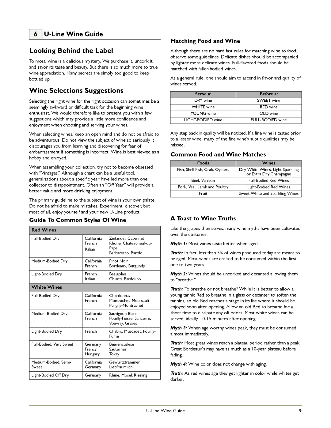 U-Line 2115RS, 2175WCC manual Looking Behind the Label, Wine Selections Suggestions, Line Wine Guide, Red Wines, White Wines 