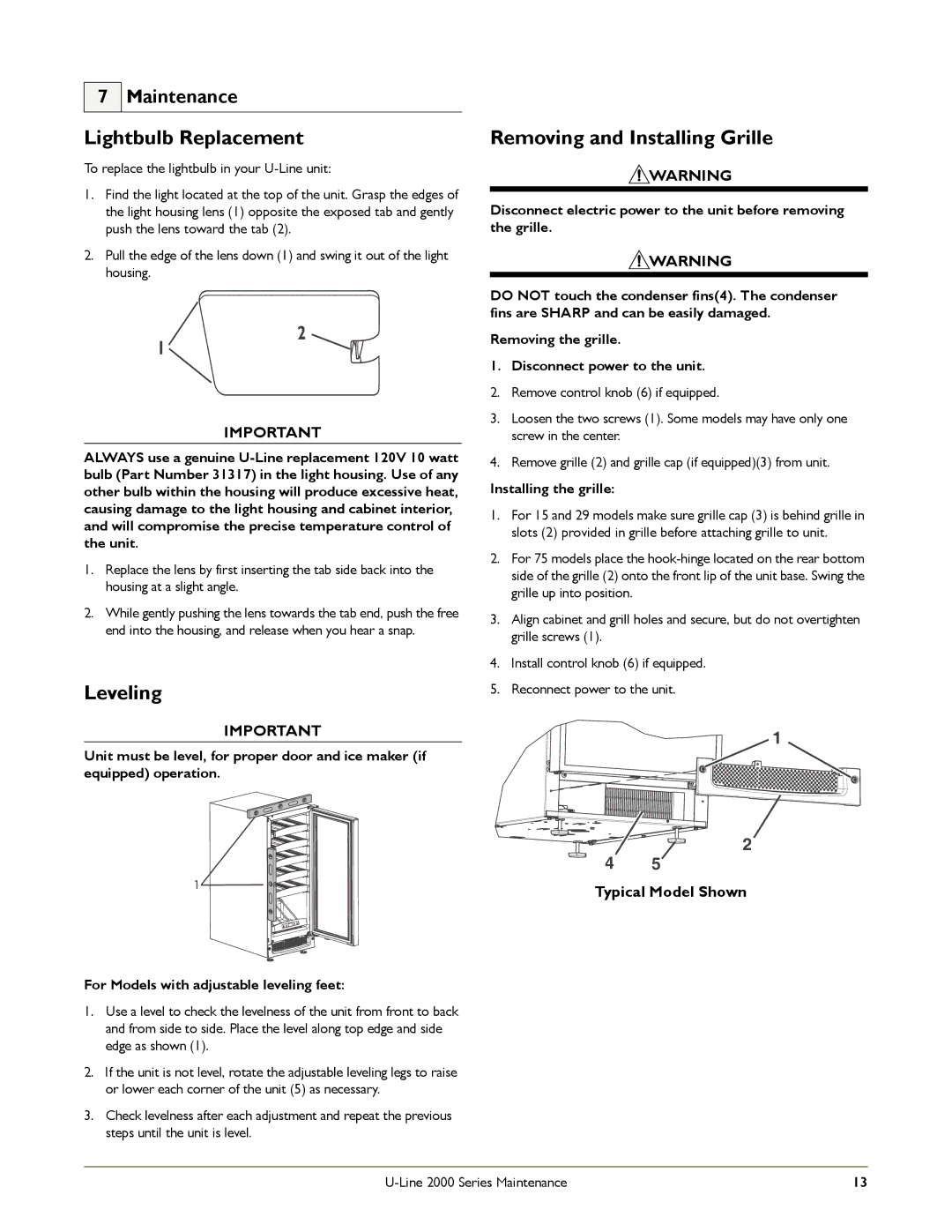 U-Line 2175WCC, 2175RC Lightbulb Replacement, Leveling, Removing and Installing Grille, Maintenance, Installing the grille 