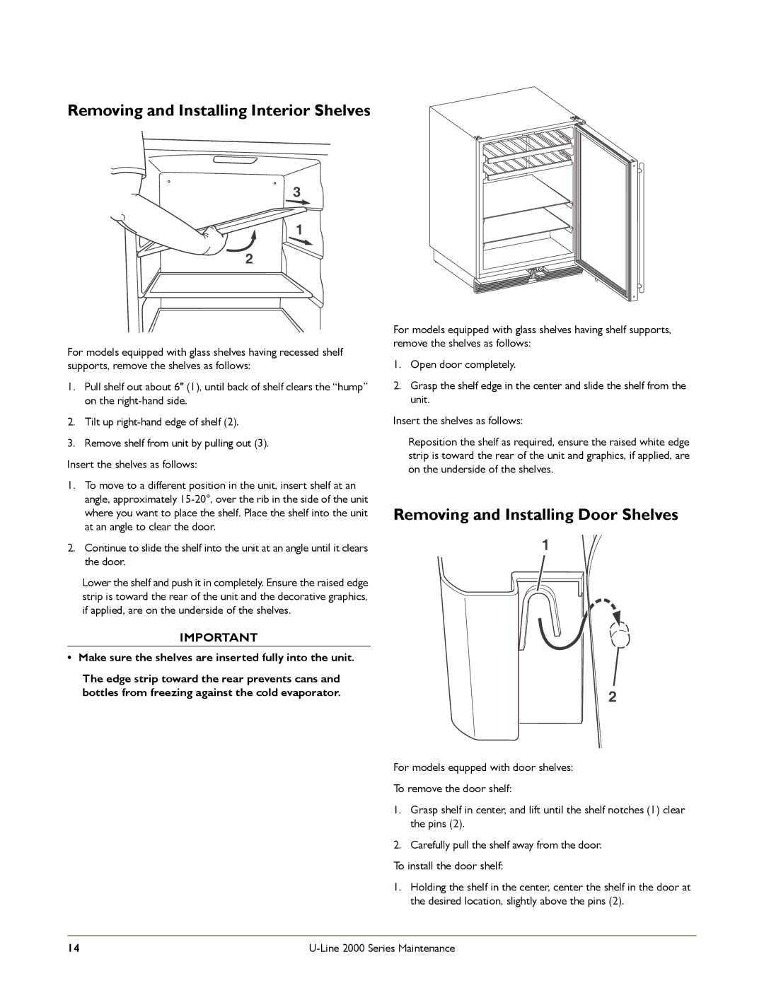 U-Line 2175RC, 2175WCC, 2115RS manual Removing and Installing Interior Shelves, Removing and Installing Door Shelves 