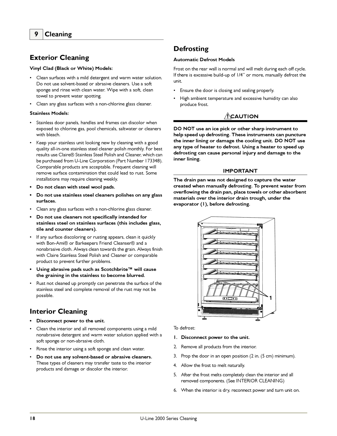 U-Line 2115RS, 2175WCC, 2175RC manual Exterior Cleaning, Interior Cleaning, Defrosting 