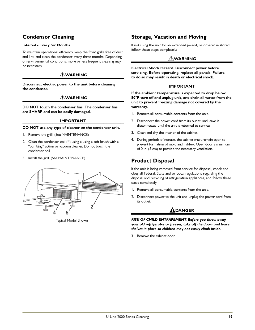 U-Line 2175WCC, 2175RC manual Condensor Cleaning, Storage, Vacation and Moving, Product Disposal, Interval Every Six Months 