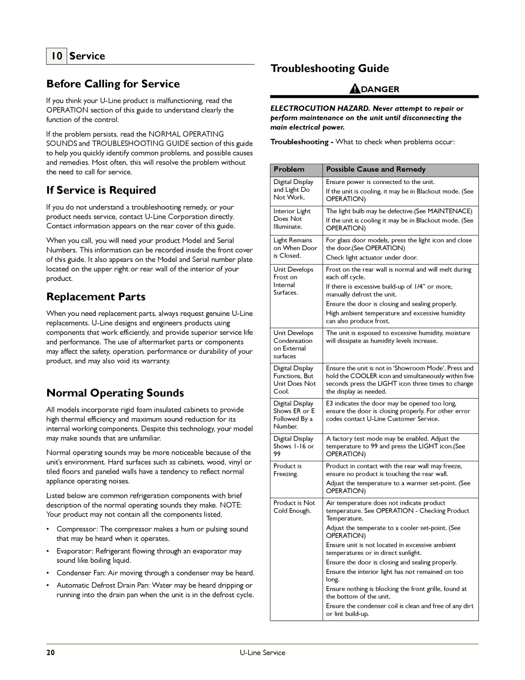 U-Line 2175RC, 2175WCC manual Before Calling for Service, If Service is Required, Replacement Parts, Normal Operating Sounds 