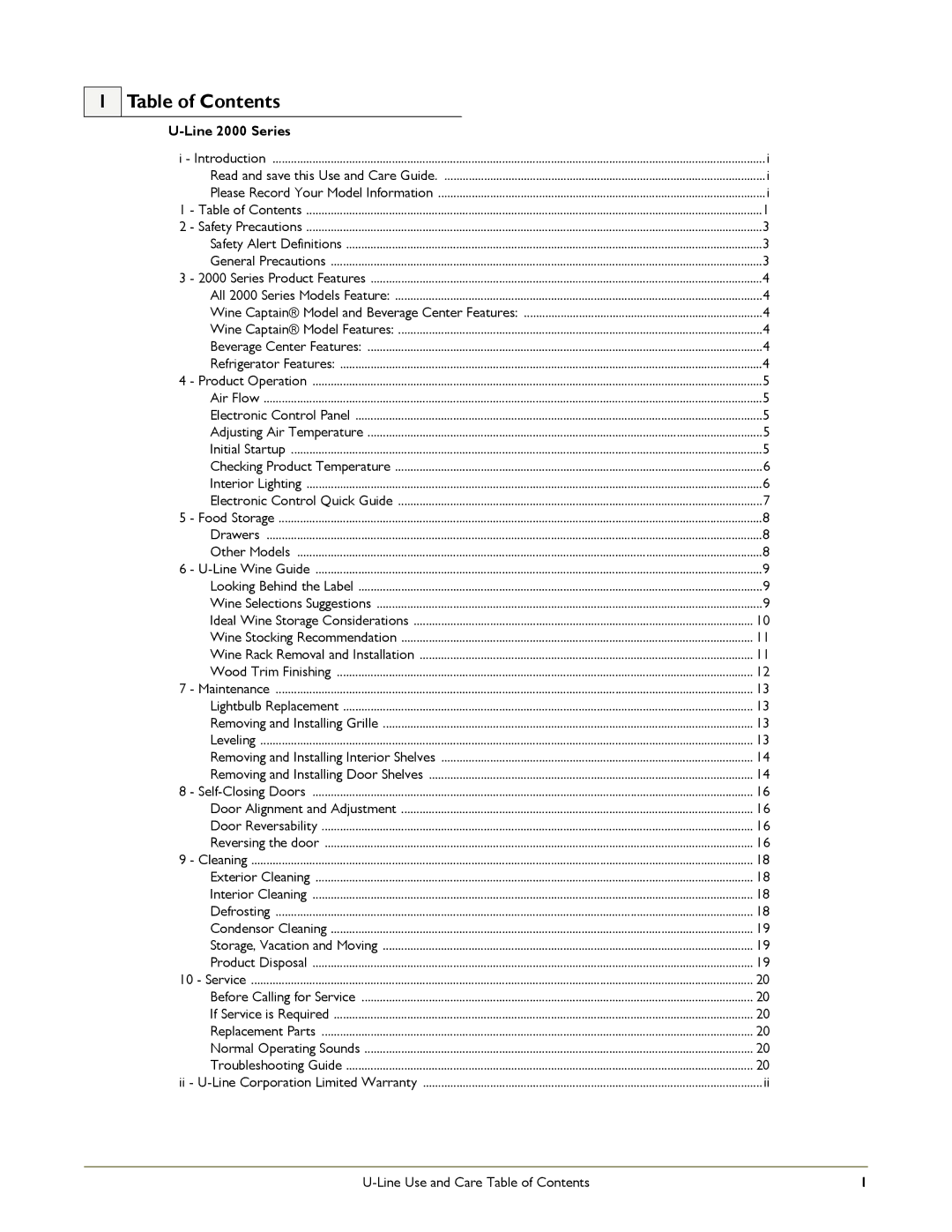 U-Line 2175WCC, 2175RC, 2115RS manual Table of Contents 