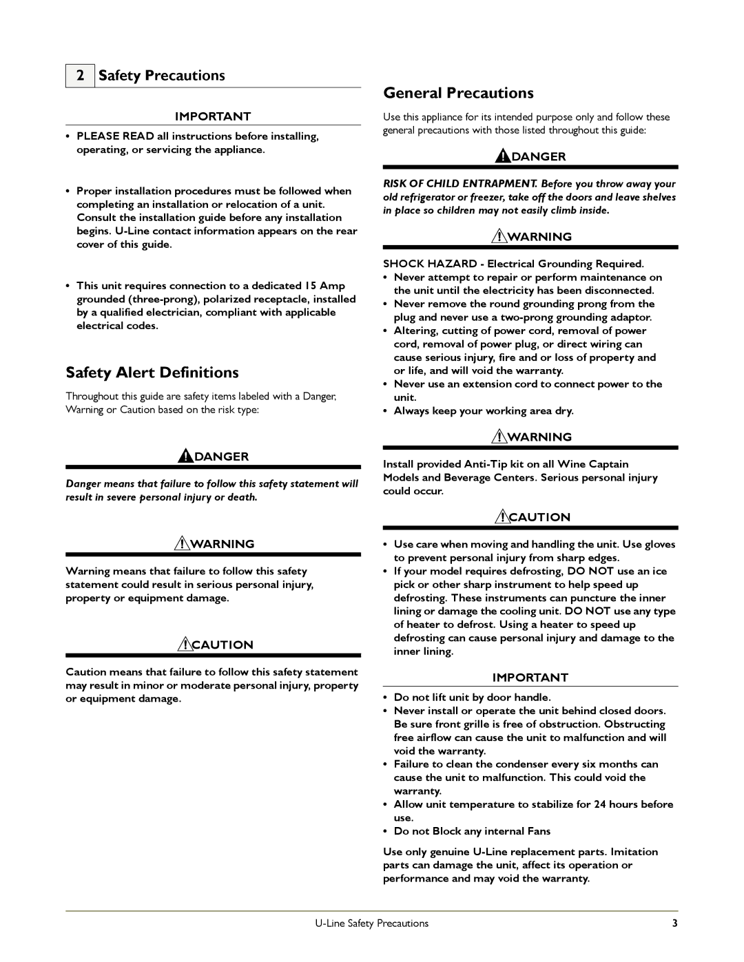 U-Line 2115RS, 2175WCC, 2175RC manual Safety Alert Definitions, General Precautions, Safety Precautions 