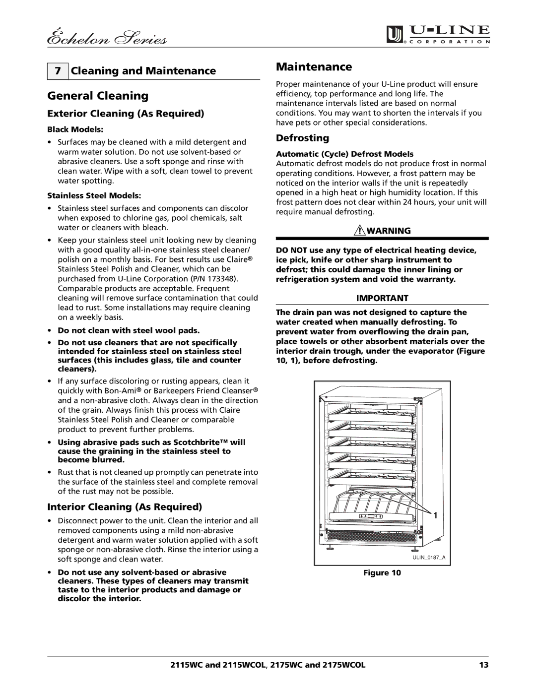 U-Line 2175WCOL, 2115WCOL manual General Cleaning, Cleaning and Maintenance 