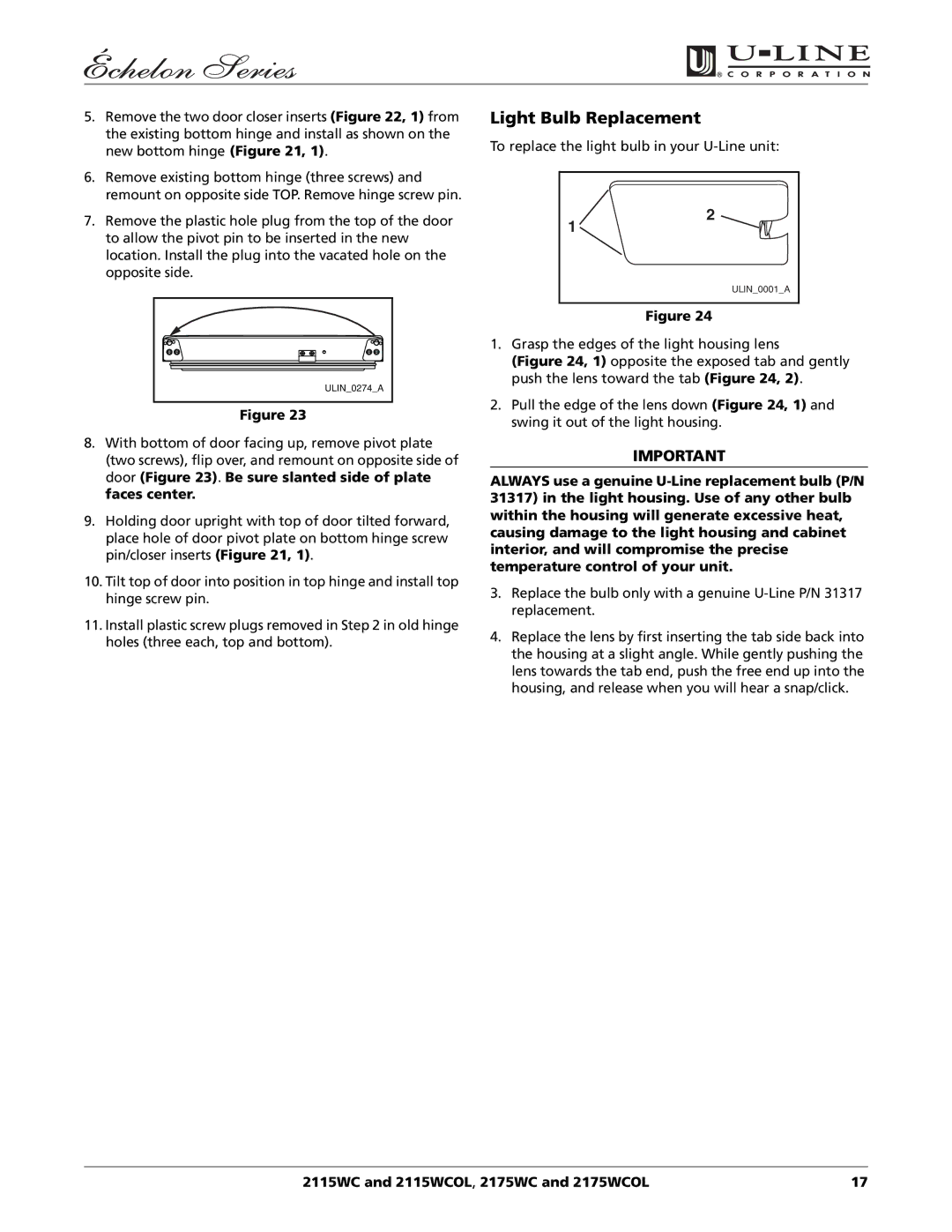 U-Line 2115WCOL, 2175WCOL manual Light Bulb Replacement 