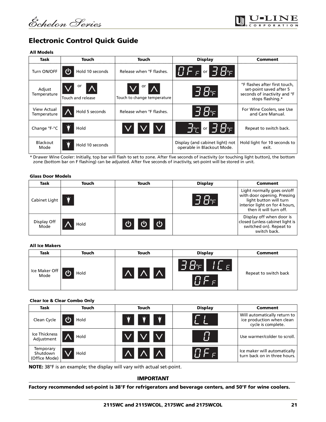 U-Line 2175WCOL, 2115WCOL manual Electronic Control Quick Guide, All Models Task Touch Display Comment 