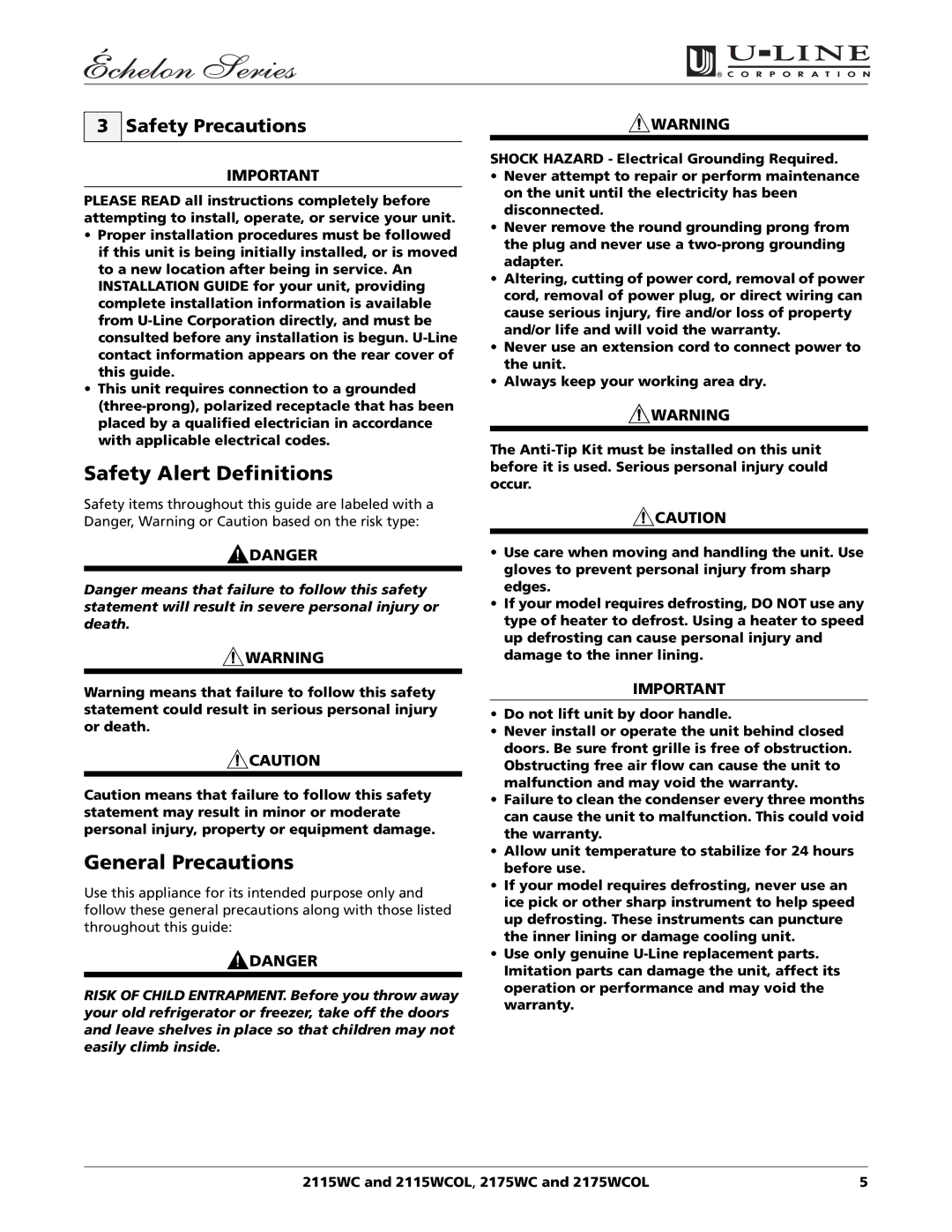 U-Line 2115WCOL, 2175WCOL manual Safety Alert Definitions, General Precautions, Safety Precautions 