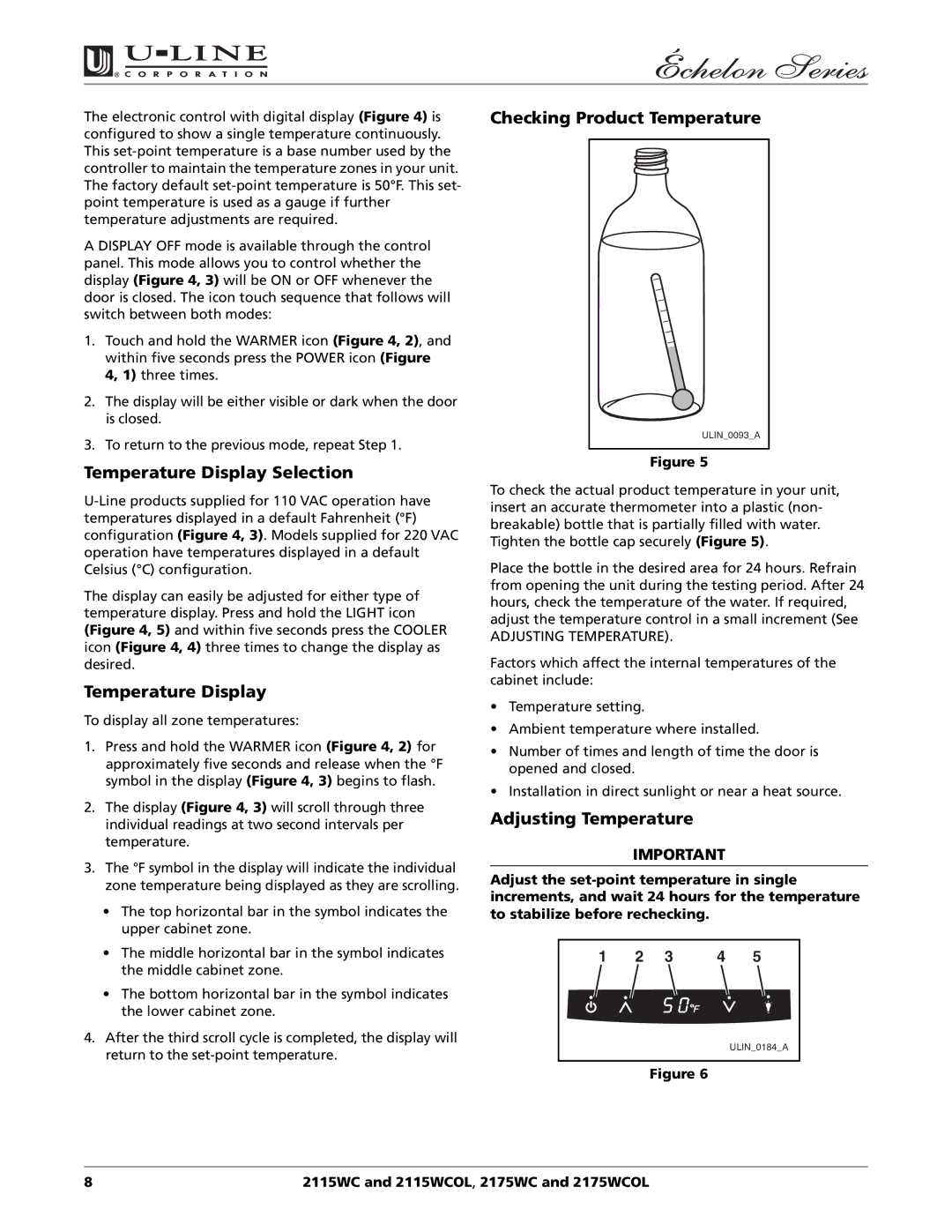 U-Line 2115WCOL, 2175WCOL manual Temperature Display Selection, Checking Product Temperature, Adjusting Temperature 