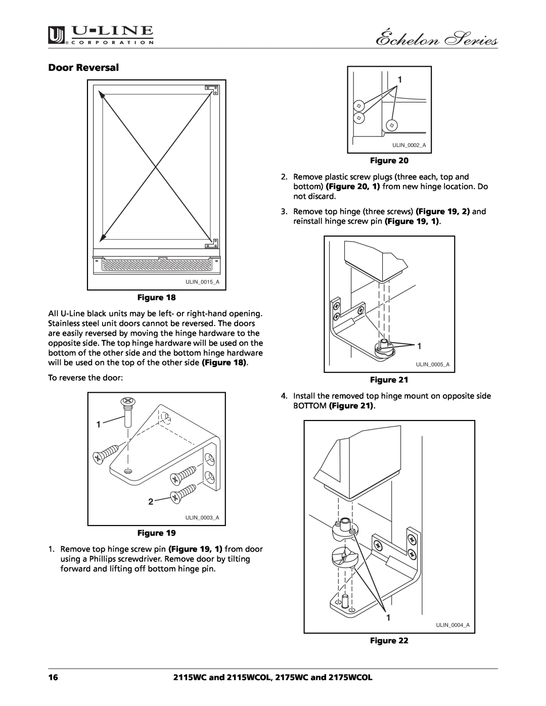U-Line manual Door Reversal, 2115WC and 2115WCOL, 2175WC and 2175WCOL 