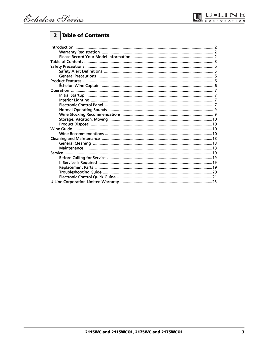 U-Line manual Table of Contents, 2115WC and 2115WCOL, 2175WC and 2175WCOL 