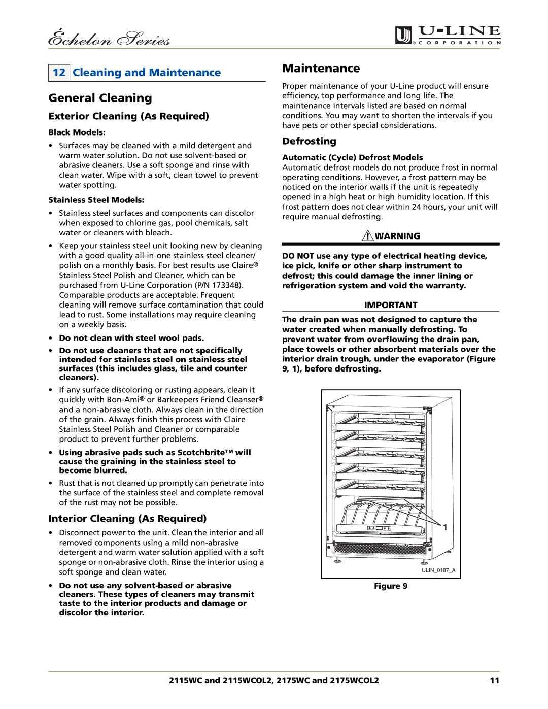 U-Line 2115WCOL2, 2175WCOL2 manual General Cleaning, Cleaning and Maintenance 