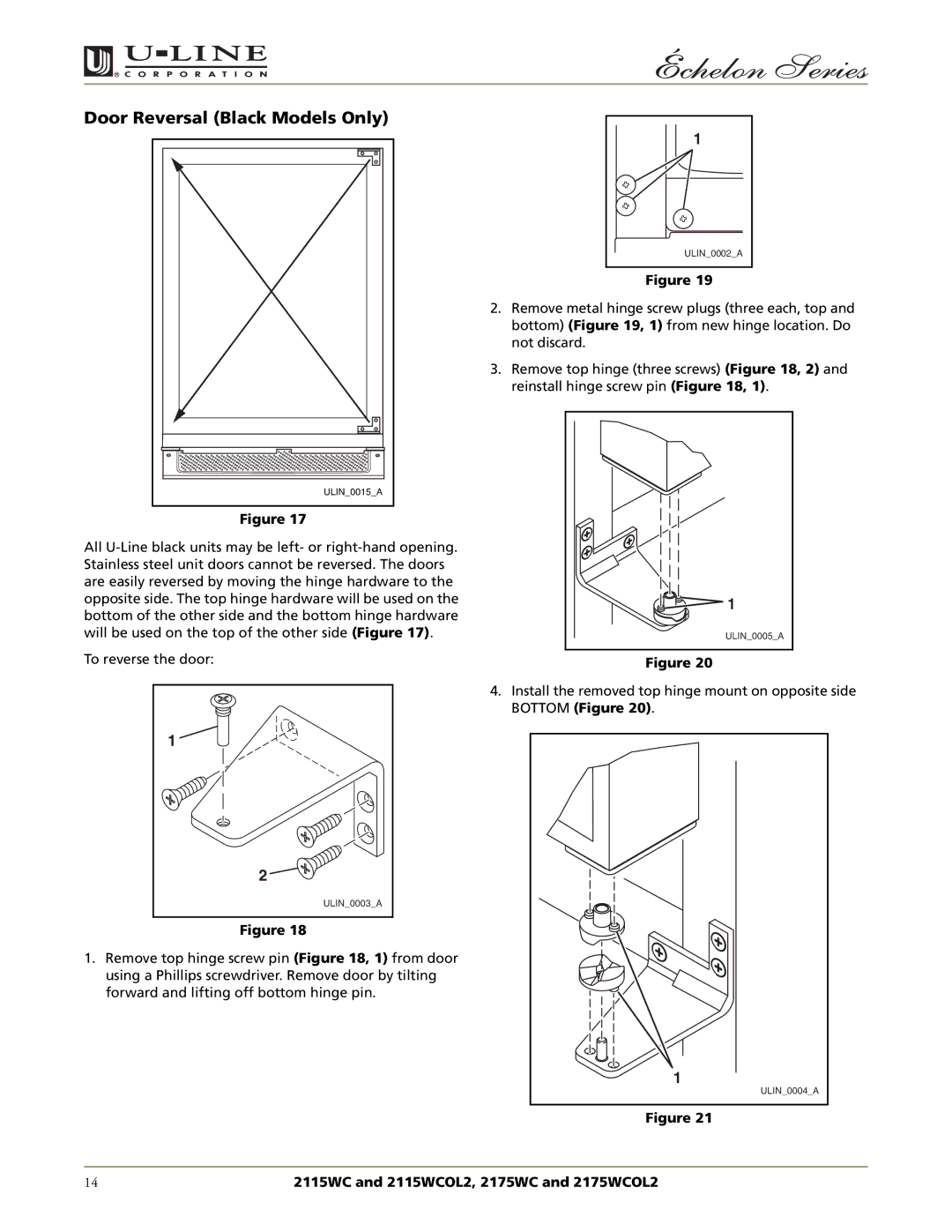 U-Line 2175WCOL2, 2115WCOL2 manual Door Reversal Black Models Only 