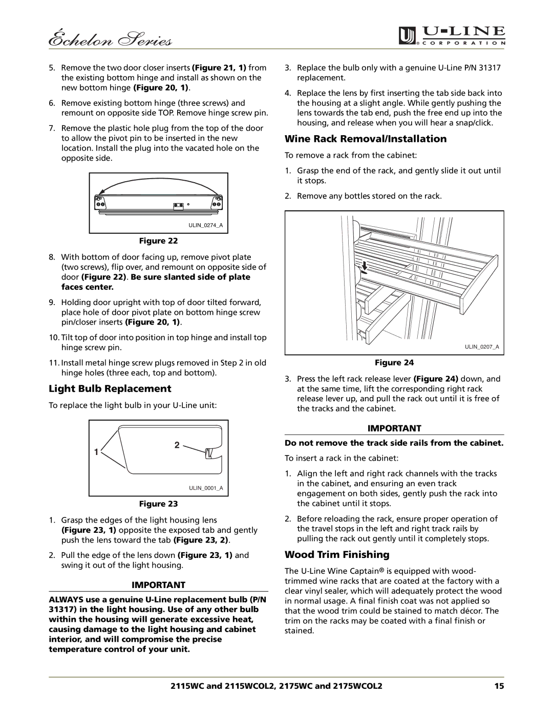 U-Line 2115WCOL2, 2175WCOL2 manual Light Bulb Replacement, Wine Rack Removal/Installation, Wood Trim Finishing 