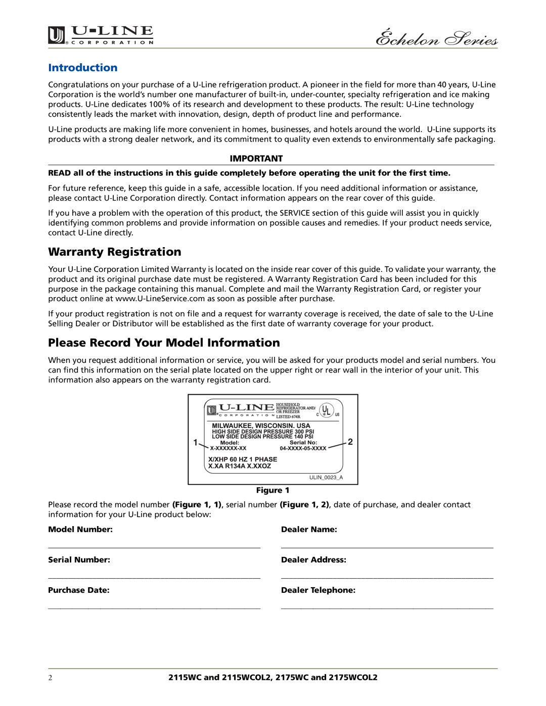 U-Line 2175WCOL2, 2115WCOL2 manual Warranty Registration, Please Record Your Model Information, Introduction 