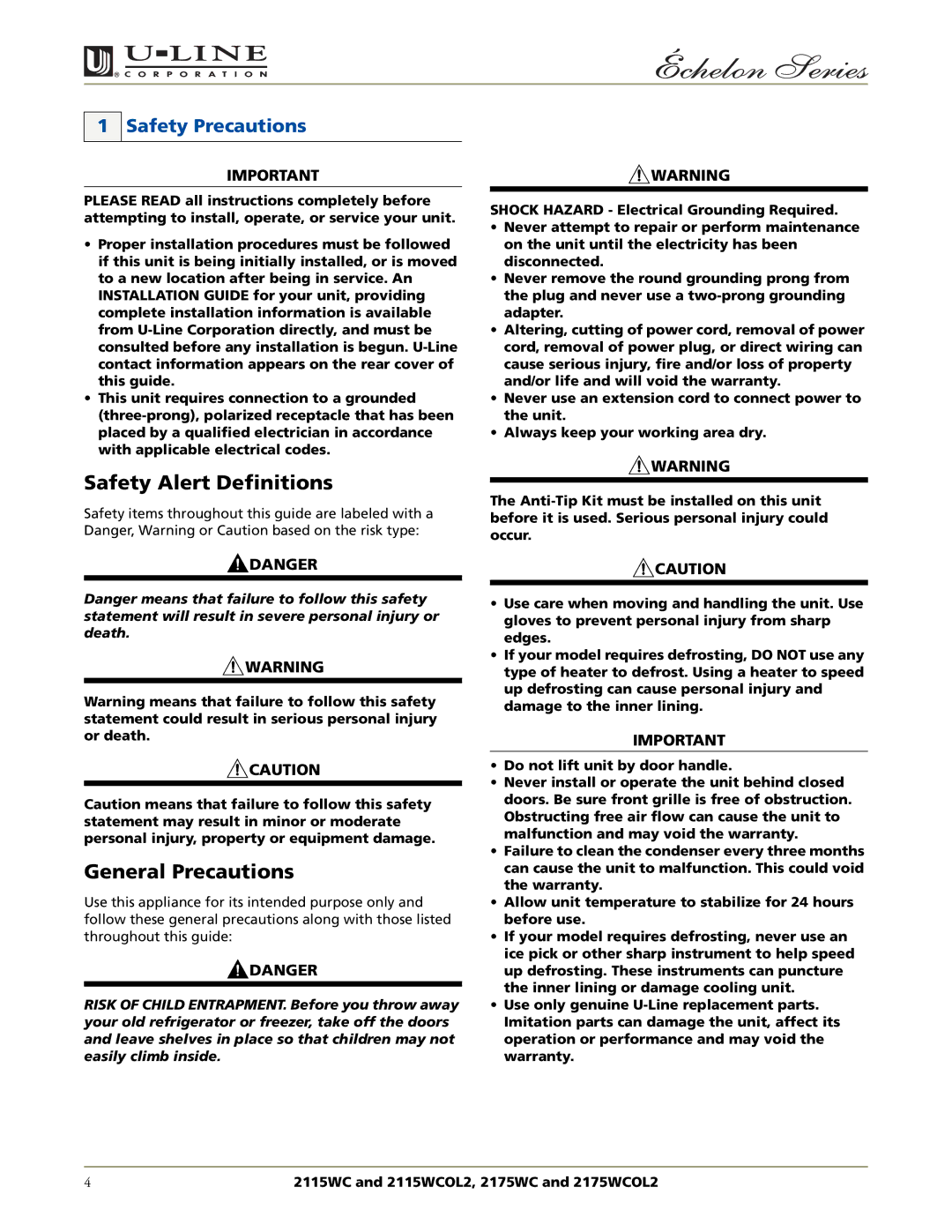 U-Line 2175WCOL2, 2115WCOL2 manual Safety Alert Definitions, General Precautions, Safety Precautions 