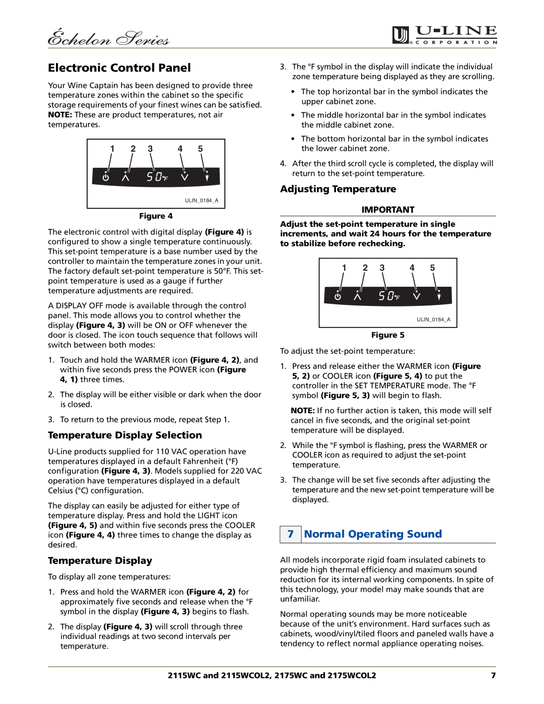 U-Line 2115WCOL2 Electronic Control Panel, Normal Operating Sound, Temperature Display Selection, Adjusting Temperature 