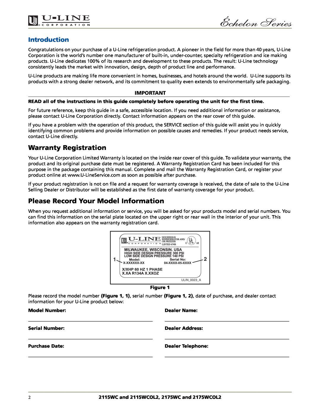 U-Line 2175WCOL2 Warranty Registration, Please Record Your Model Information, Introduction, Model Number, Dealer Name 