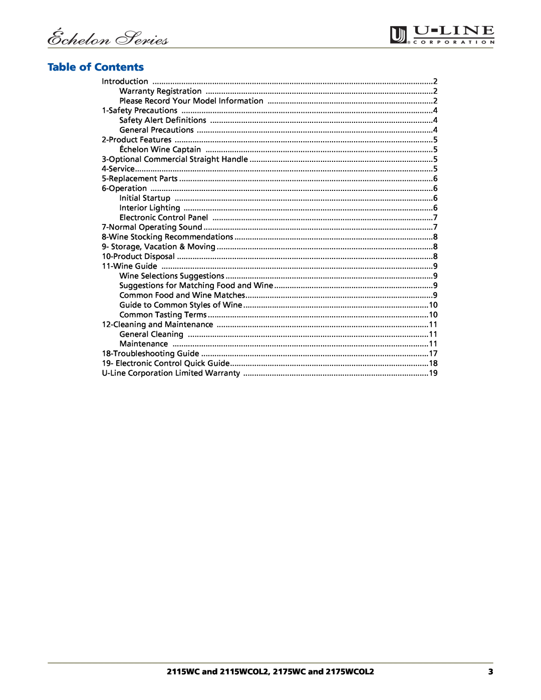 U-Line manual Table of Contents, 2115WC and 2115WCOL2, 2175WC and 2175WCOL2 