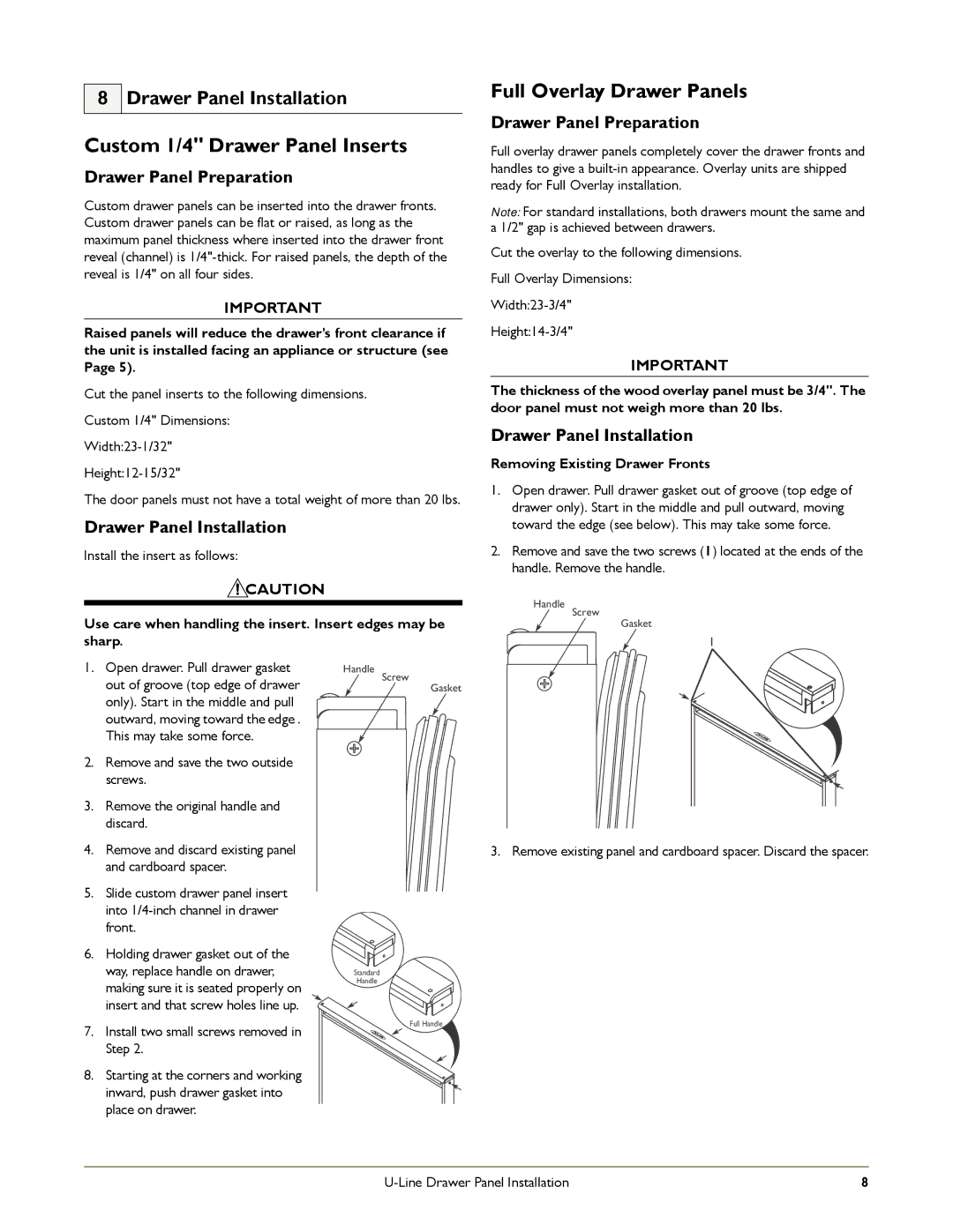 U-Line 2275DWRCOL, 2275DWRW manual Custom 1/4 Drawer Panel Inserts, Full Overlay Drawer Panels, Drawer Panel Installation 