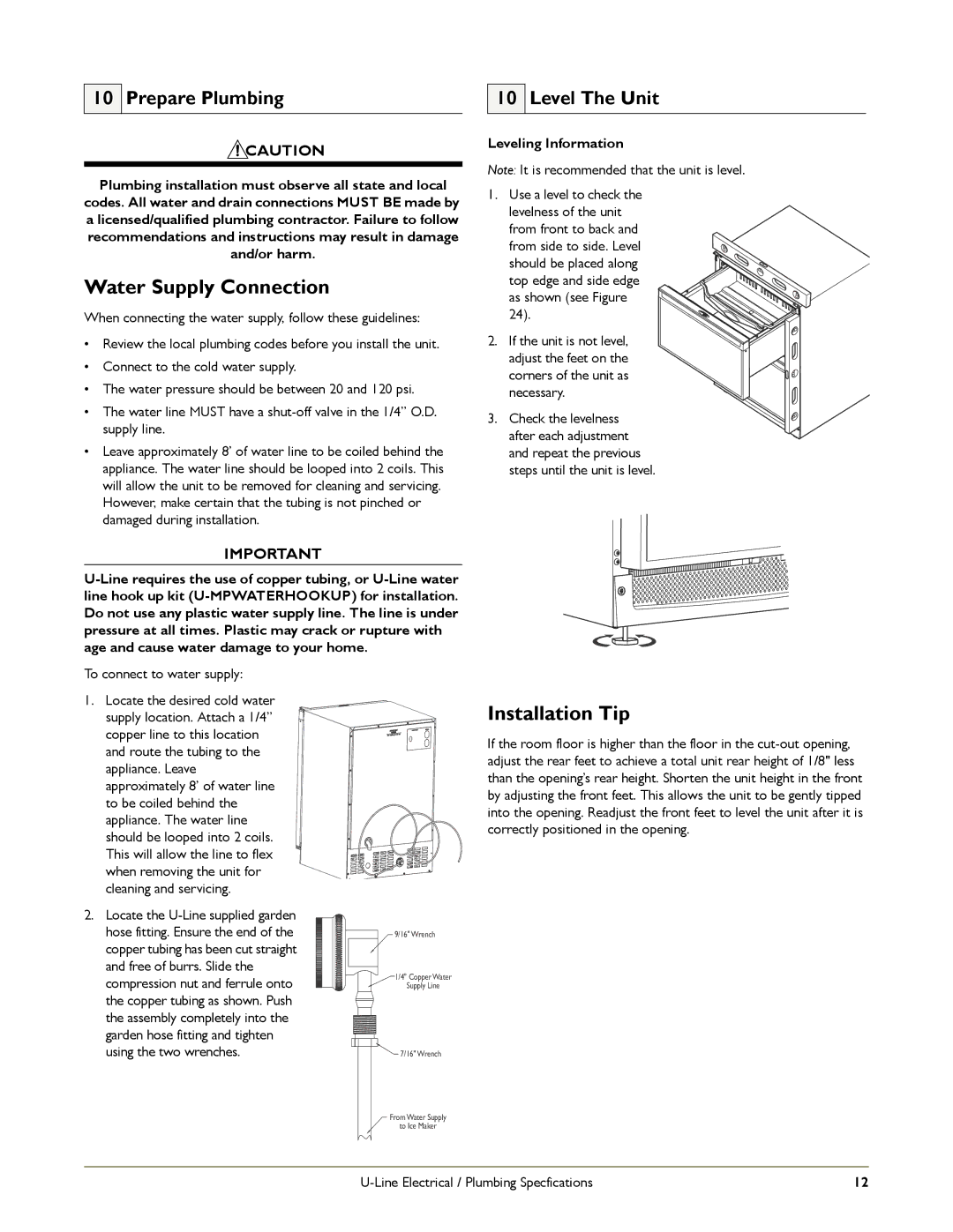 U-Line C2275DWRS, 2275DWRCOL, 2275DWRW, 2275DWRCS Water Supply Connection, Installation Tip, Prepare Plumbing Level The Unit 